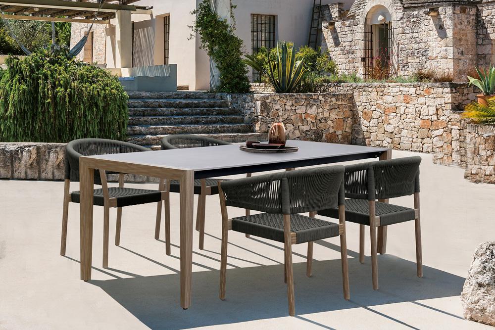 Armen Living - Fineline and Doris Indoor Outdoor 5 Piece Dining Set in Light Eucalyptus Wood with Superstone with Charcoal Rope - SETFLDILT5DOCH veiw 9
