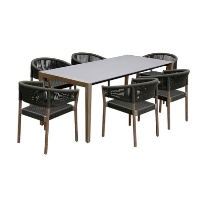 Armen Living - Fineline and Doris Indoor Outdoor 7 Piece Dining Set in Light Eucalyptus Wood with Superstone and Charcoal Rope - SETFLDILT7DOCH veiw 1