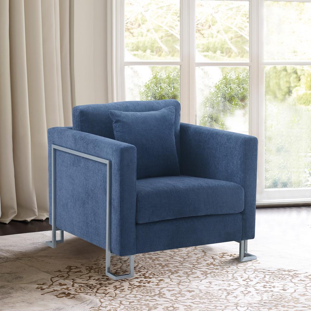Armen Living - Heritage Blue Fabric Upholstered Accent Chair with Brushed Stainless Steel Legs - LCHT1BLUE veiw 6
