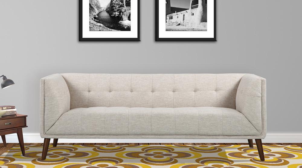 Armen Living - Hudson Mid-Century Button-Tufted Sofa in Beige Linen and Walnut Legs - LCHU3BE veiw 6