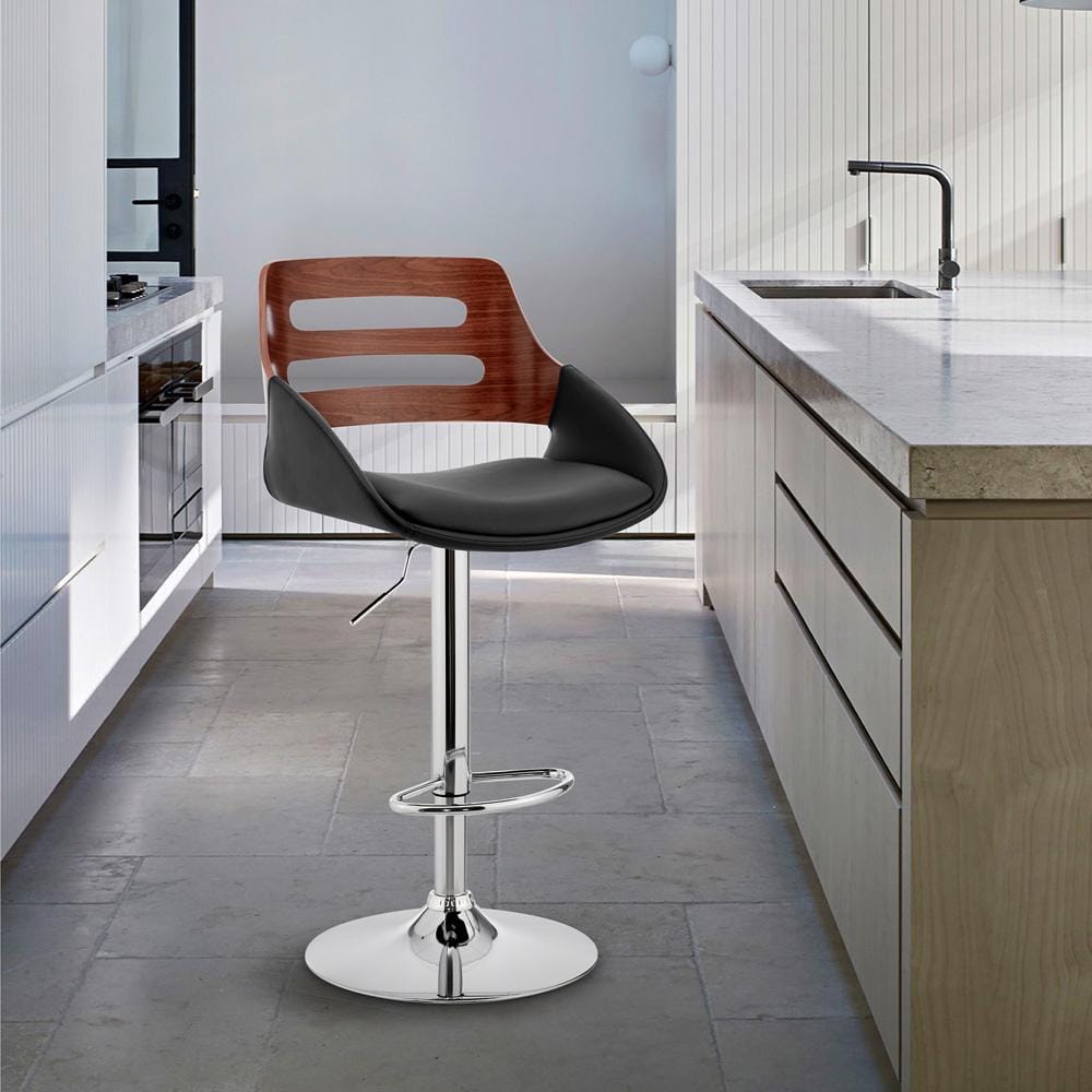 Armen Living - Karter Adjustable Black Faux Leather and Walnut Wood Bar Stool with Chrome Base - LCKTBAWABL veiw 10