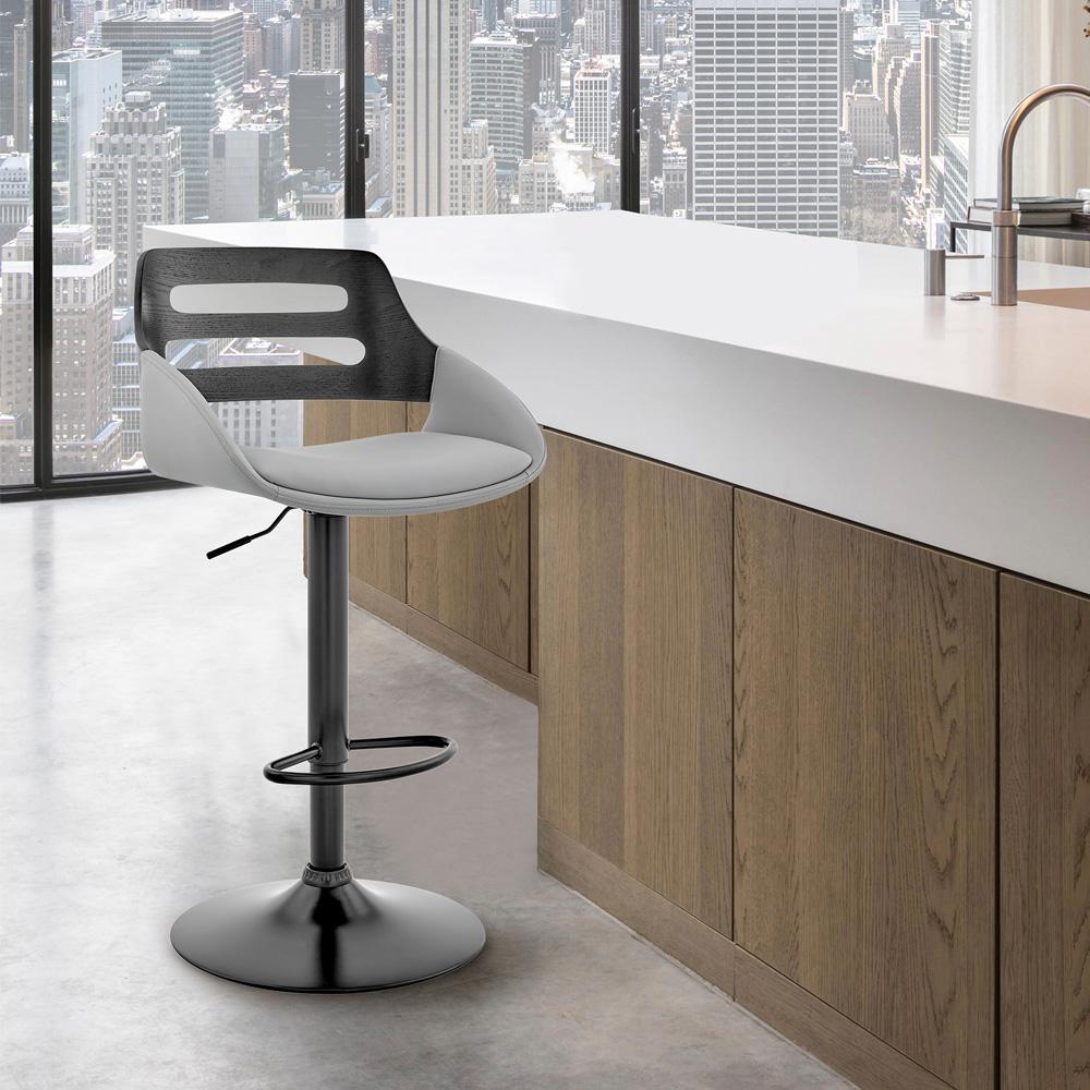 Armen Living - Karter Adjustable Gray Faux Leather and Walnut Wood Bar Stool with Black Base - LCKTBAWABLGR veiw 9