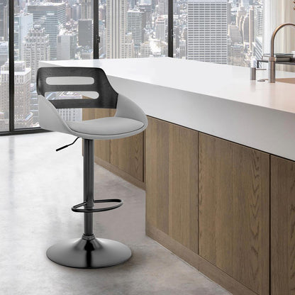 Armen Living - Karter Adjustable Gray Faux Leather and Walnut Wood Bar Stool with Black Base - LCKTBAWABLGR veiw 9