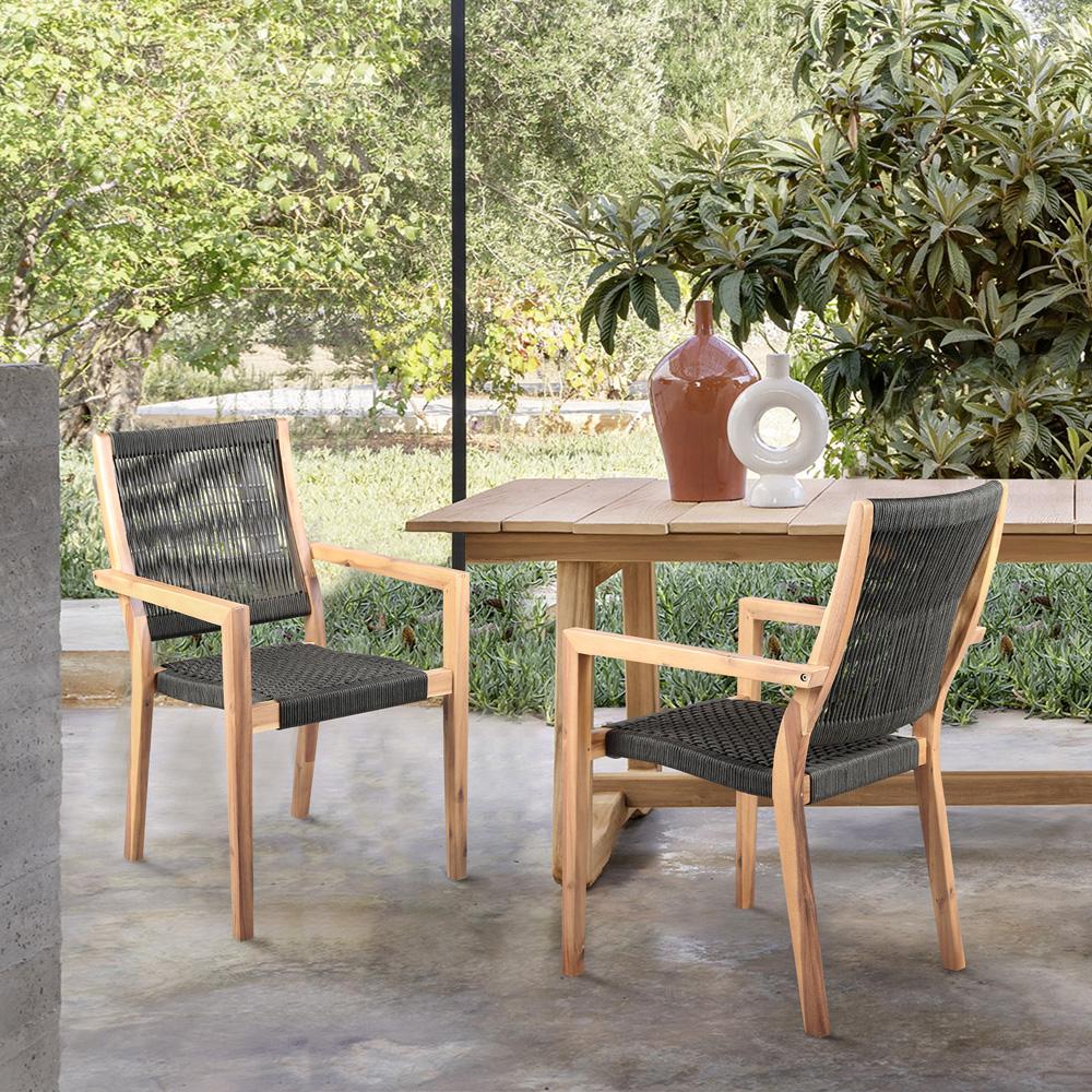 Armen Living - Madsen Outdoor Eucalyptus Wood and Charcoal Rope Dining Chairs with Teak Finish (Set of 2) - LCMASICHTK veiw 9