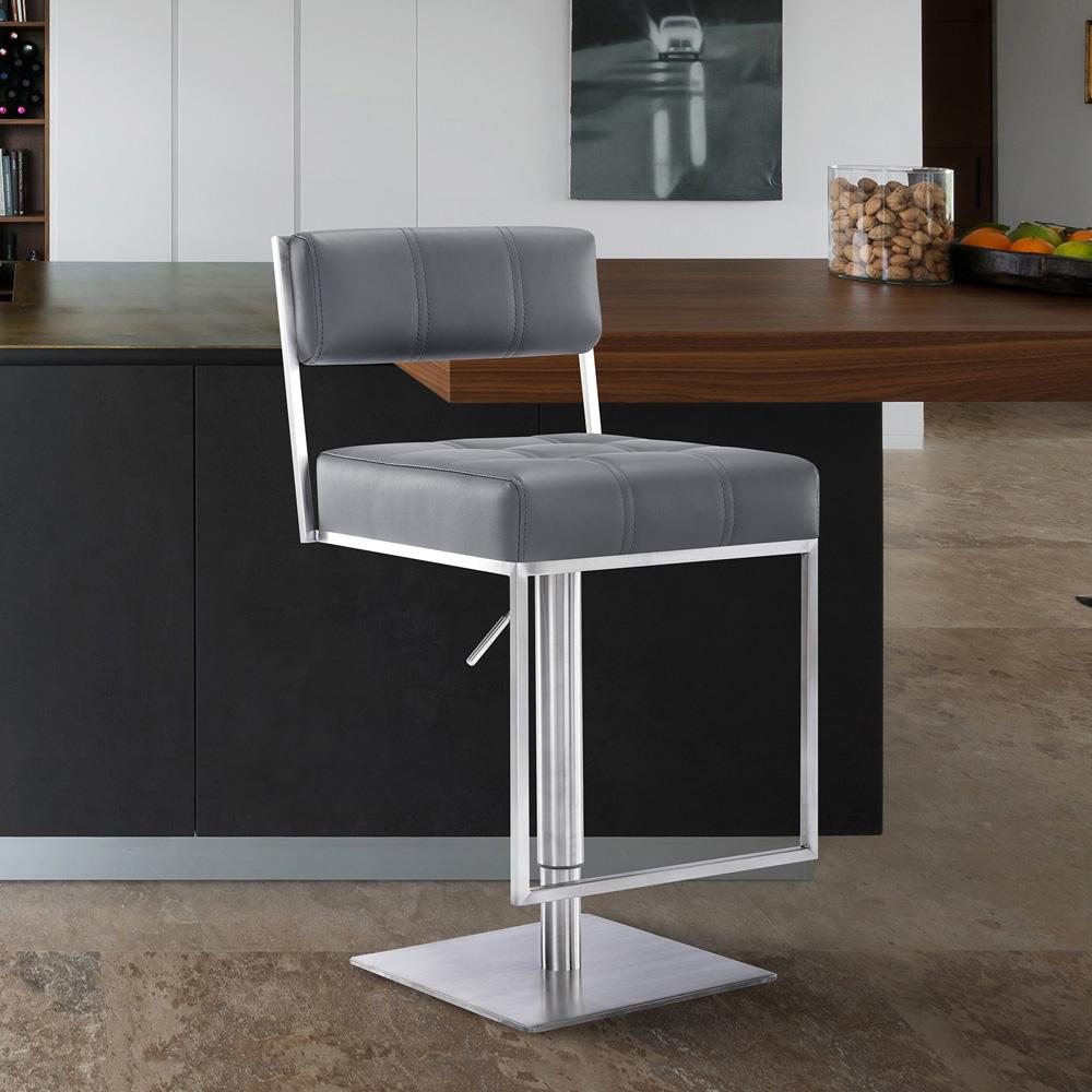 Armen Living - Michele Swivel Adjustable Height Grey Faux Leather and Brushed Stainless Steel Bar Stool - LCMISWBABSGR veiw 8