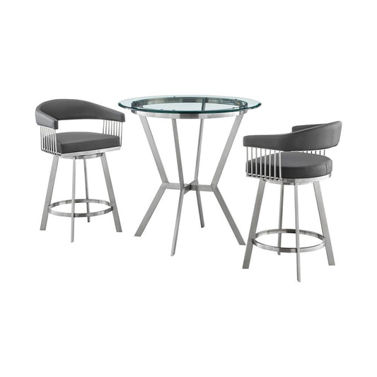 Armen Living - Naomi and Chelsea 3-Piece Counter Height Dining Set in Brushed Stainless Steel and Grey Faux Leather - SETNMCHGRBS3 veiw 1