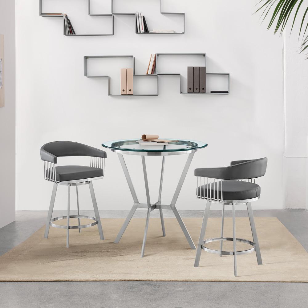 Armen Living - Naomi and Chelsea 3-Piece Counter Height Dining Set in Brushed Stainless Steel and Grey Faux Leather - SETNMCHGRBS3 veiw 9