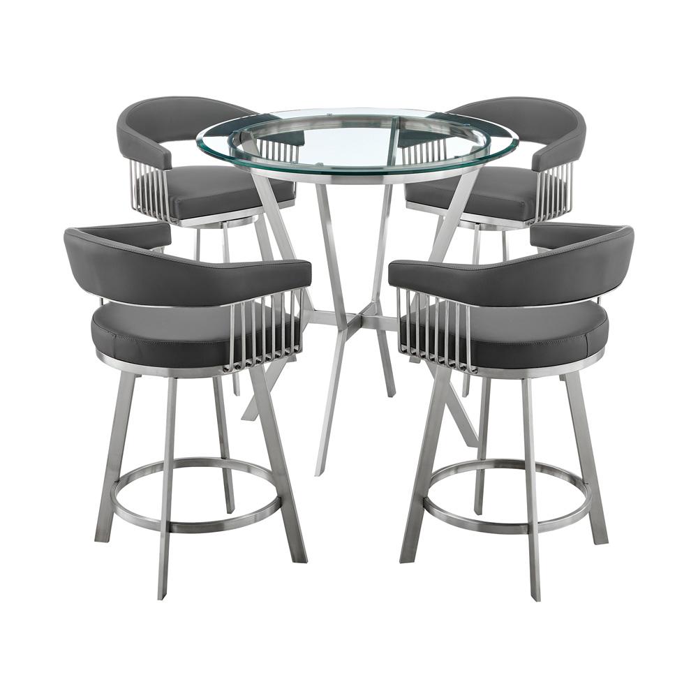 Armen Living - Naomi and Chelsea 5-Piece Counter Height Dining Set in Brushed Stainless Steel and Grey Faux Leather - SETNMCHGRBS5 veiw 1