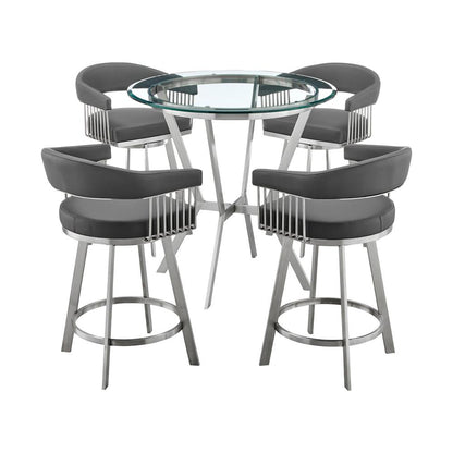 Armen Living - Naomi and Chelsea 5-Piece Counter Height Dining Set in Brushed Stainless Steel and Grey Faux Leather - SETNMCHGRBS5 veiw 1