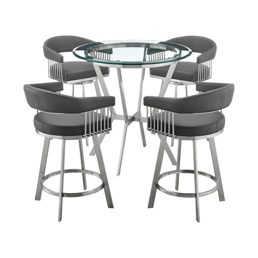 Armen Living - Naomi and Chelsea 5-Piece Counter Height Dining Set in Brushed Stainless Steel and Grey Faux Leather - SETNMCHGRBS5 veiw 1