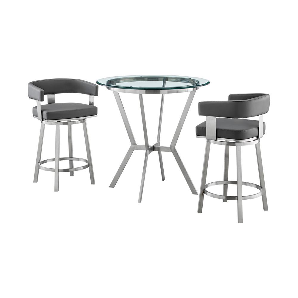 Armen Living - Naomi and Lorin 3-Piece Counter Height Dining Set in Brushed Stainless Steel and Grey Faux Leather - SETNMLRGRBS3 veiw 1