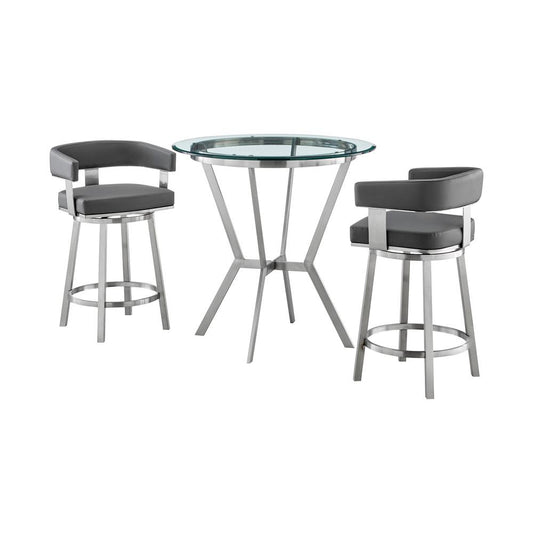 Armen Living - Naomi and Lorin 3-Piece Counter Height Dining Set in Brushed Stainless Steel and Grey Faux Leather - SETNMLRGRBS3 veiw 1