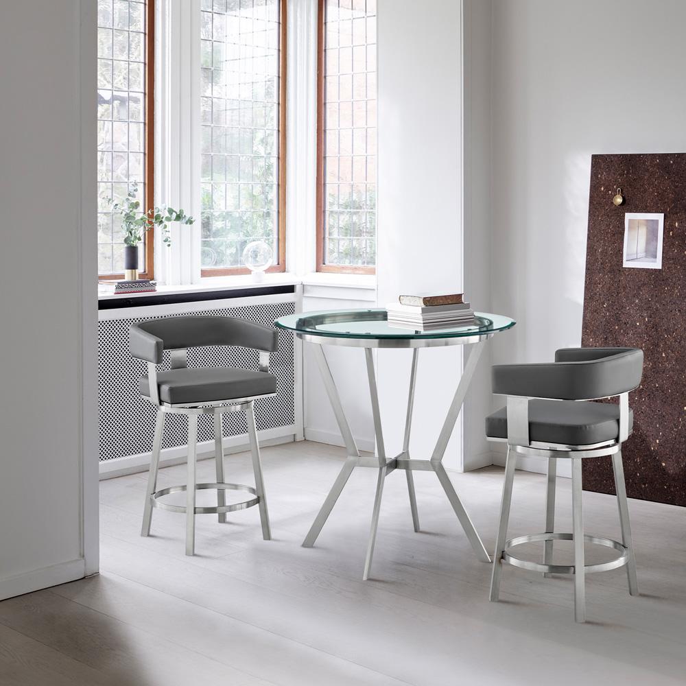 Armen Living - Naomi and Lorin 3-Piece Counter Height Dining Set in Brushed Stainless Steel and Grey Faux Leather - SETNMLRGRBS3 veiw 9