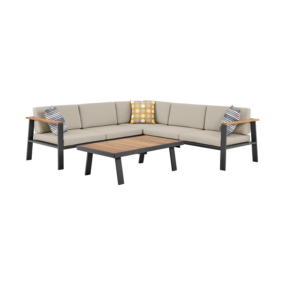 Armen Living - Nofi Outdoor Patio Sectional Set in Charcoal Finish with Taupe Cushions and Teak Wood  - SETODNOSEBE veiw 1
