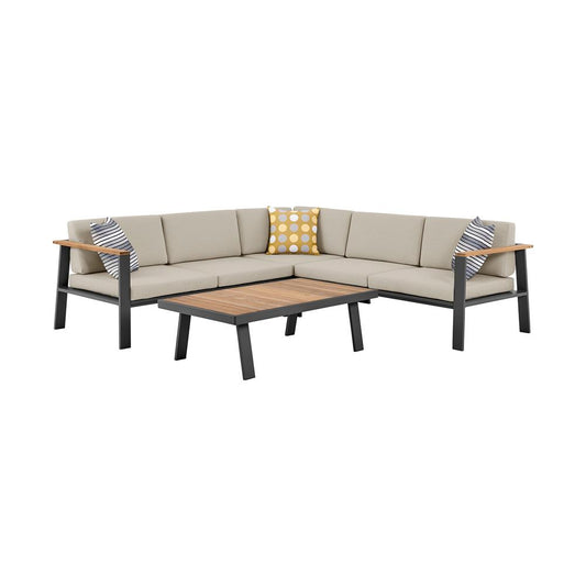 Armen Living - Nofi Outdoor Patio Sectional Set in Charcoal Finish with Taupe Cushions and Teak Wood  - SETODNOSEBE veiw 1