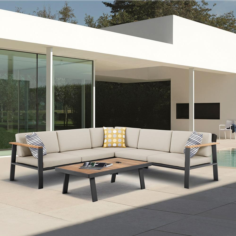 Armen Living - Nofi Outdoor Patio Sectional Set in Charcoal Finish with Taupe Cushions and Teak Wood  - SETODNOSEBE veiw 7