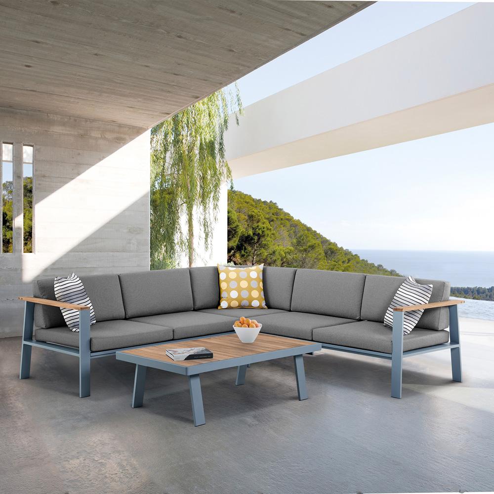 Armen Living - Nofi Outdoor Patio Sectional Set in Gray Finish with Gray Cushions and Teak Wood - SETODNOSEGR veiw 7