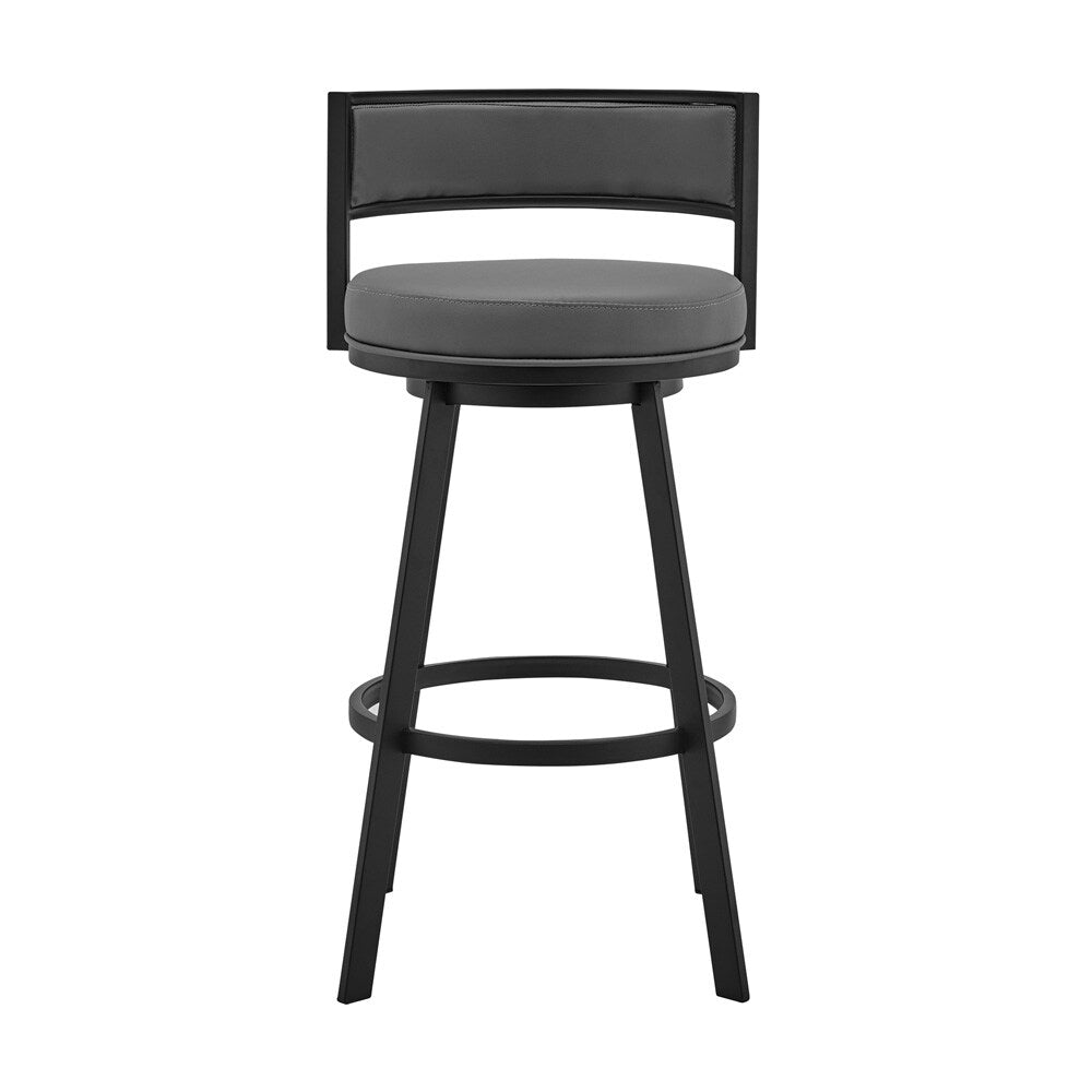 Armen Living - Roman 26in Gray Faux Leather and Black Metal Swivel Bar Stool - LCRMBABLGR26 veiw 2