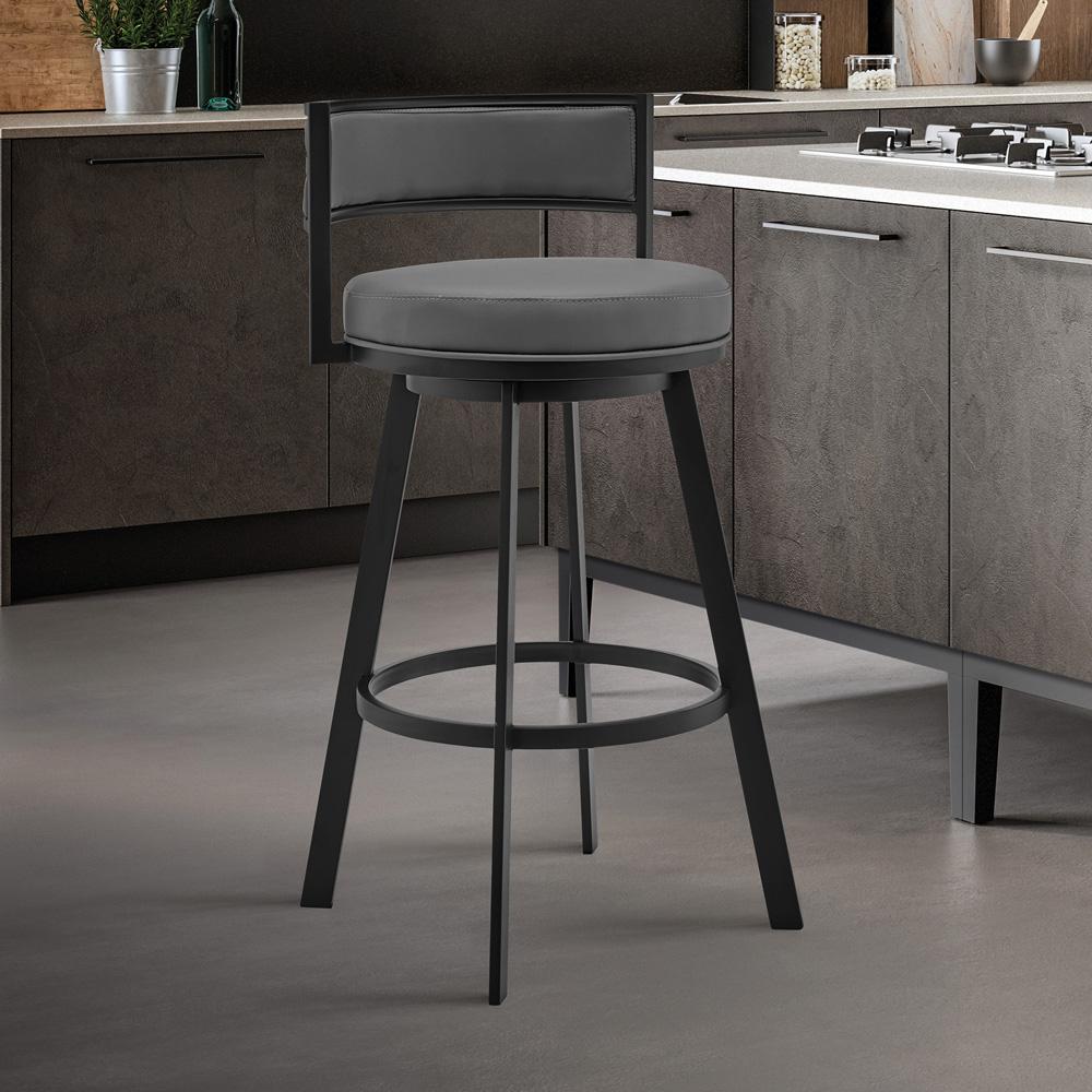 Armen Living - Roman 26in Gray Faux Leather and Black Metal Swivel Bar Stool - LCRMBABLGR26 veiw 7