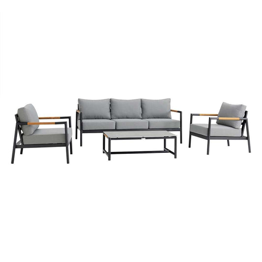 Armen Living - Royal 4 Piece Black Aluminum and Teak Outdoor Seating Set with Dark Gray Cushions - 840254332829 veiw 1