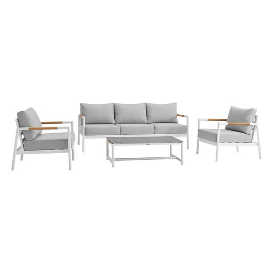 Armen Living - Royal 4 Piece White Aluminum and Teak Outdoor Seating Set with Light Gray Cushions - 840254332874 veiw 1