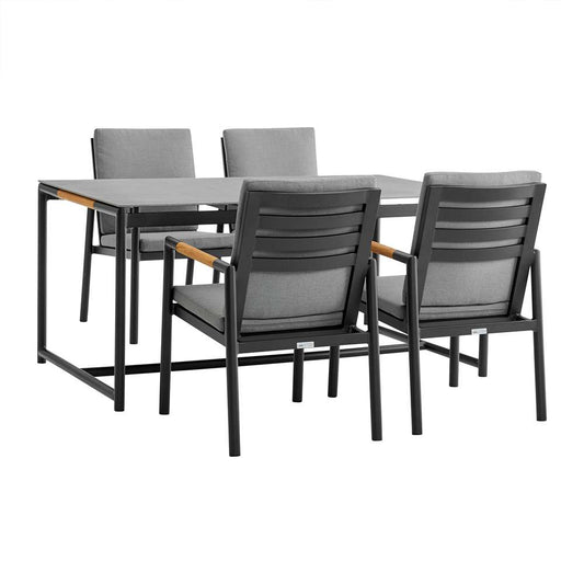 Armen Living - Royal 5 Piece Black Aluminum and Teak Outdoor Dining Set with Dark Gray Fabric - 840254332836 veiw 1
