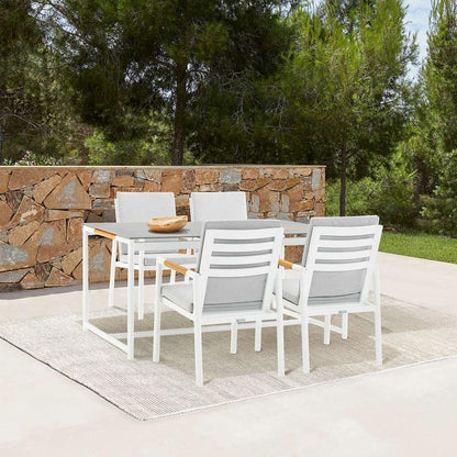 Armen Living - Royal 5 Piece White Aluminum and Teak Outdoor Dining Set with Light Gray Fabric - 840254332850 veiw 7