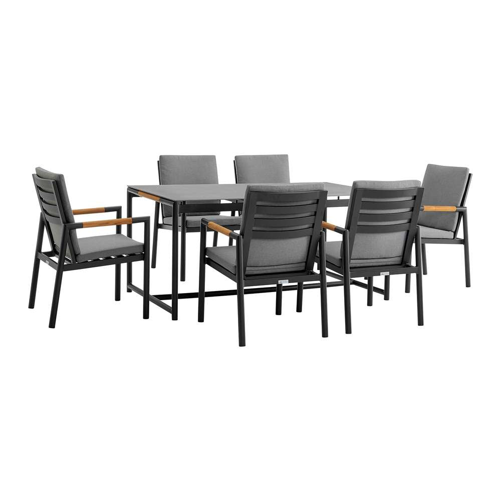 Armen Living - Royal 7 Piece Black Aluminum and Teak Outdoor Dining Set with Dark Gray Fabric - 840254332843 veiw 1