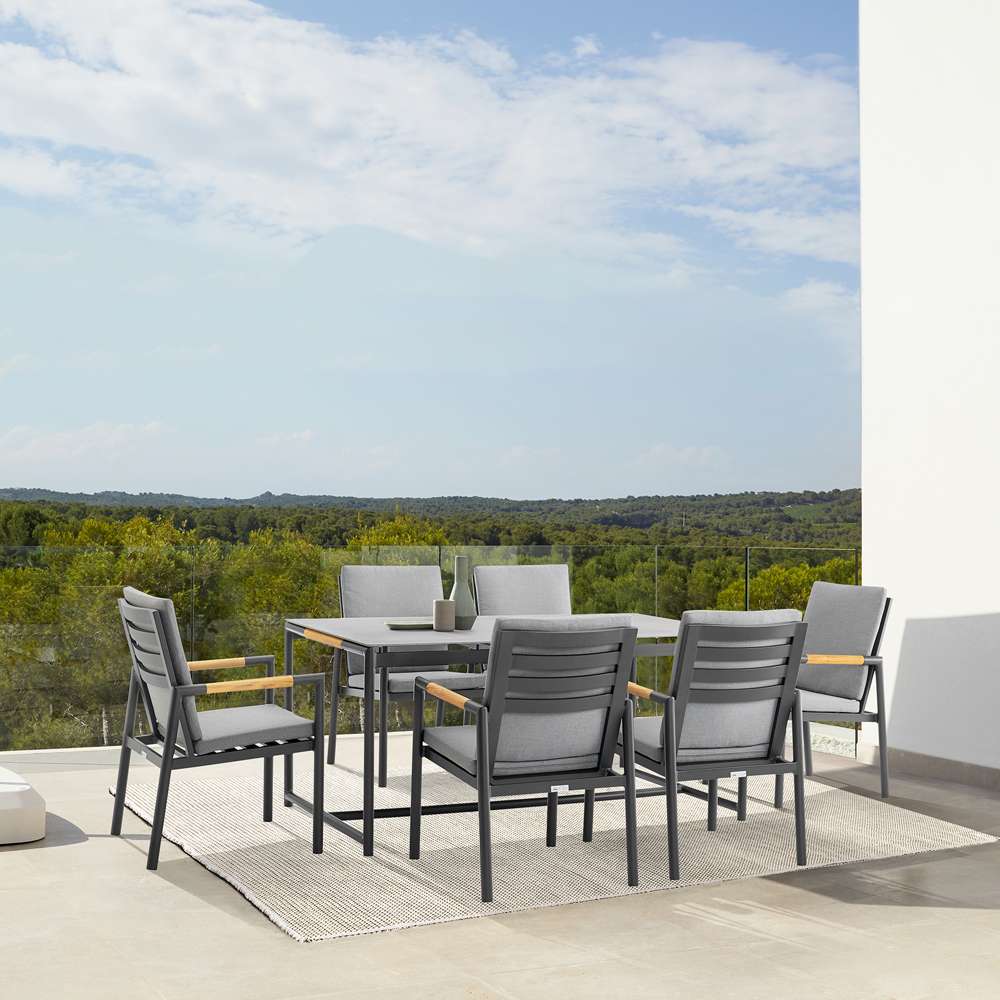 Armen Living - Royal 7 Piece Black Aluminum and Teak Outdoor Dining Set with Dark Gray Fabric - 840254332843 veiw 7