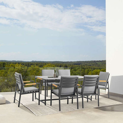 Armen Living - Royal 7 Piece Black Aluminum and Teak Outdoor Dining Set with Dark Gray Fabric - 840254332843 veiw 7