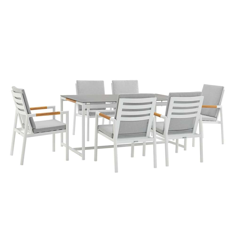 Armen Living - Royal 7 Piece White Aluminum and Teak Outdoor Dining Set with Light Gray Fabric - 840254332867 veiw 1