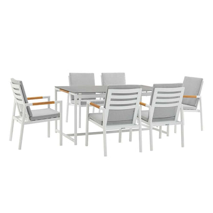 Armen Living - Royal 7 Piece White Aluminum and Teak Outdoor Dining Set with Light Gray Fabric - 840254332867 veiw 1