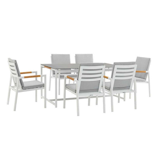 Armen Living - Royal 7 Piece White Aluminum and Teak Outdoor Dining Set with Light Gray Fabric - 840254332867 veiw 1