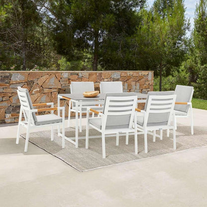 Armen Living - Royal 7 Piece White Aluminum and Teak Outdoor Dining Set with Light Gray Fabric - 840254332867 veiw 7
