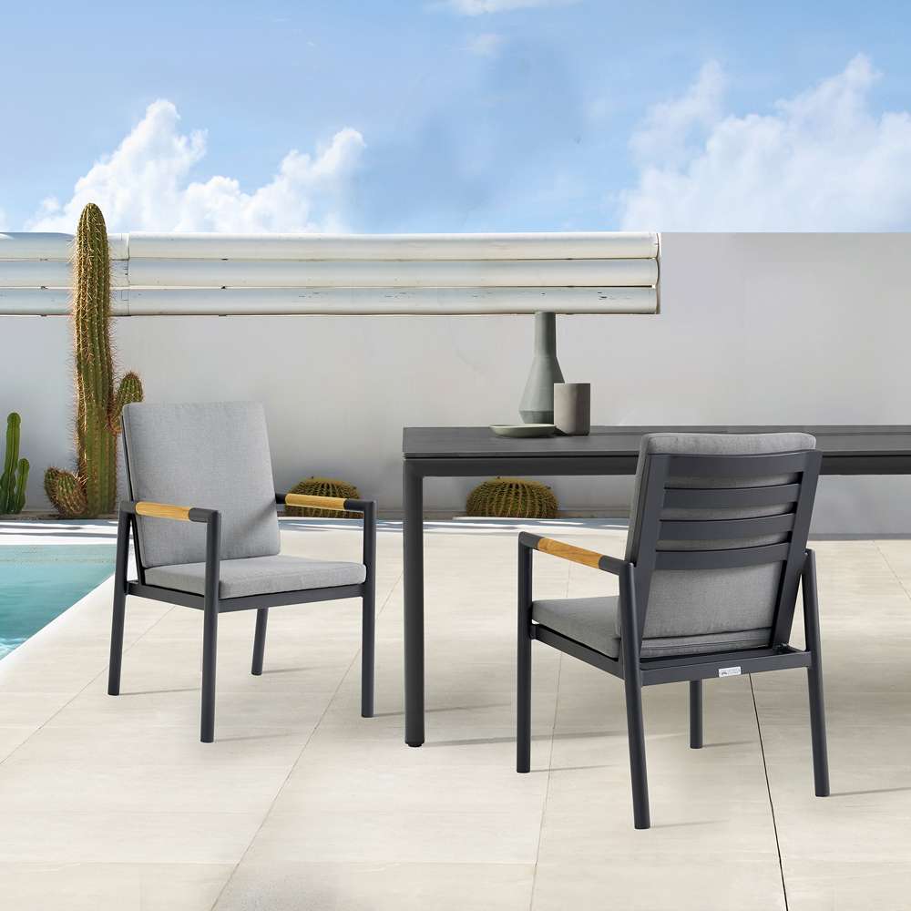 Armen Living - Royal Black Aluminum and Teak Outdoor Dining Chair with Dark Gray Fabric (Set of 2) - 840254332782 veiw 7