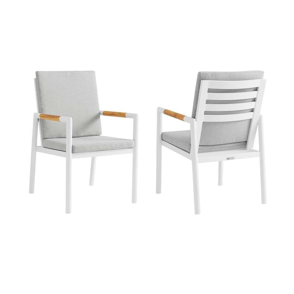 Armen Living - Royal White Aluminum and Teak Outdoor Dining Chair with Light Gray Fabric (Set of 2) - 840254332799 veiw 1