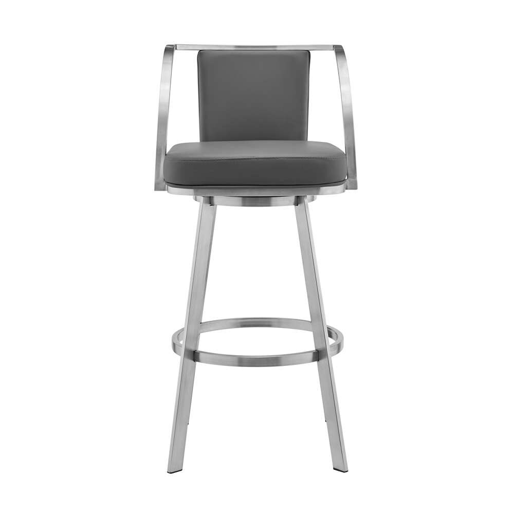 Armen Living - Sandringham 26in Gray Faux Leather and Brushed Stainless Steel Swivel Bar Stool - 721535762064 veiw 2