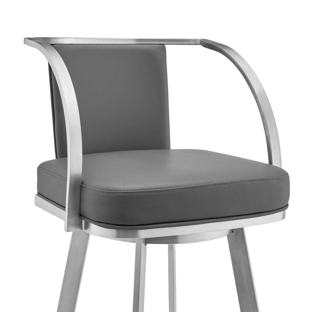 Armen Living - Sandringham 26in Gray Faux Leather and Brushed Stainless Steel Swivel Bar Stool - 721535762064 veiw 4