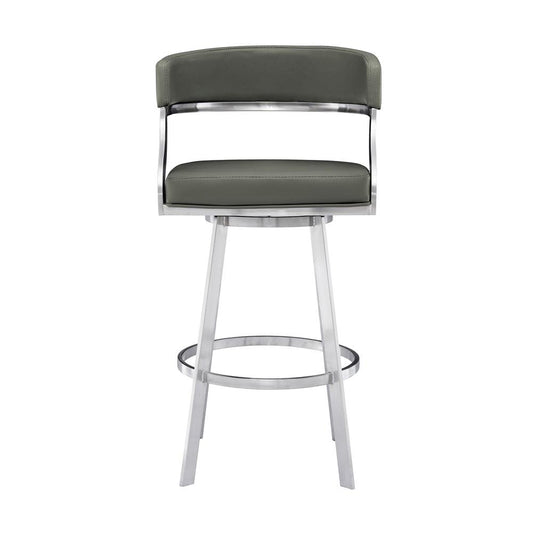 Armen Living - Saturn 30in Bar Height Swivel Grey Faux Leather and Brushed Stainless Steel Bar Stool - LCSNBABSGR30 veiw 2