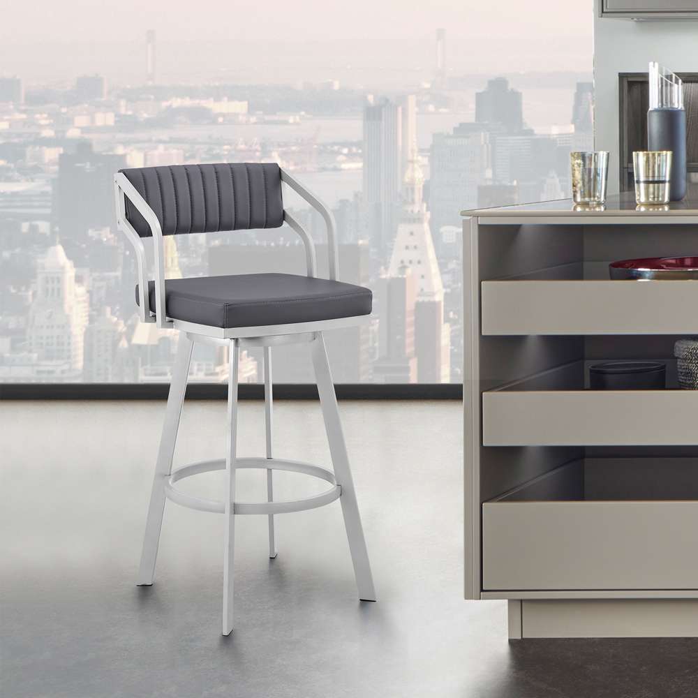 Armen Living - Scranton 26in Swivel Slate Grey Faux Leather and Silver Metal Bar Stool - 795044878233 veiw 8