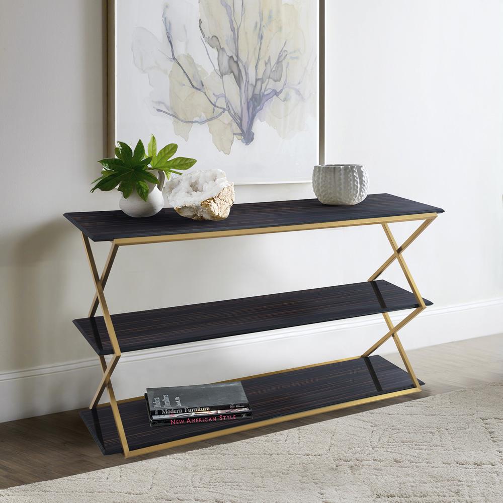 Armen Living - Westlake 3-Tier Dark Brown Console Table with Brushed Gold Legs - LCWLCNBRGLD veiw 5