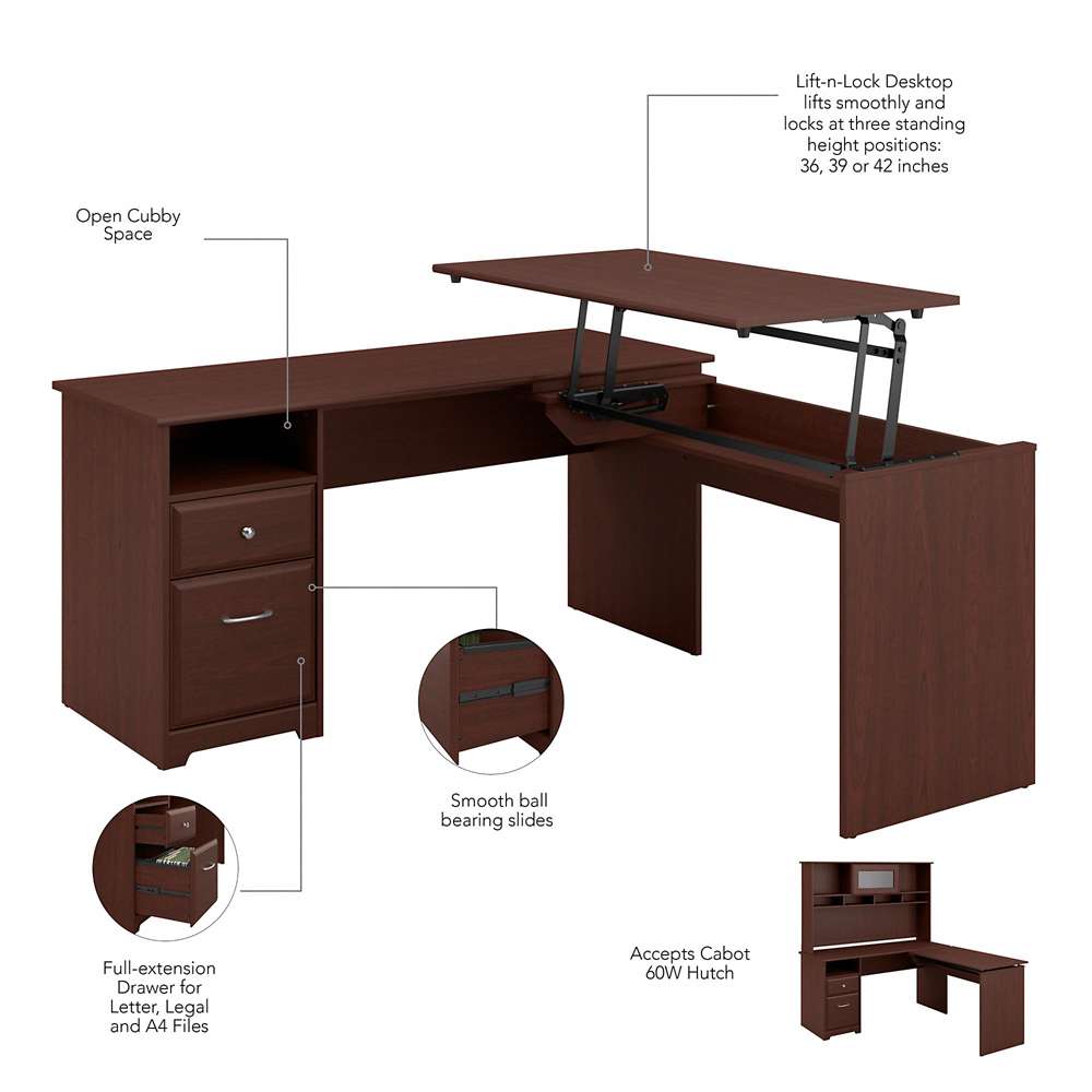 Bush Furniture - Cabot 60W 3 Position L Shaped Sit to Stand Desk in Harvest Cherry - CAB043HVC veiw 7