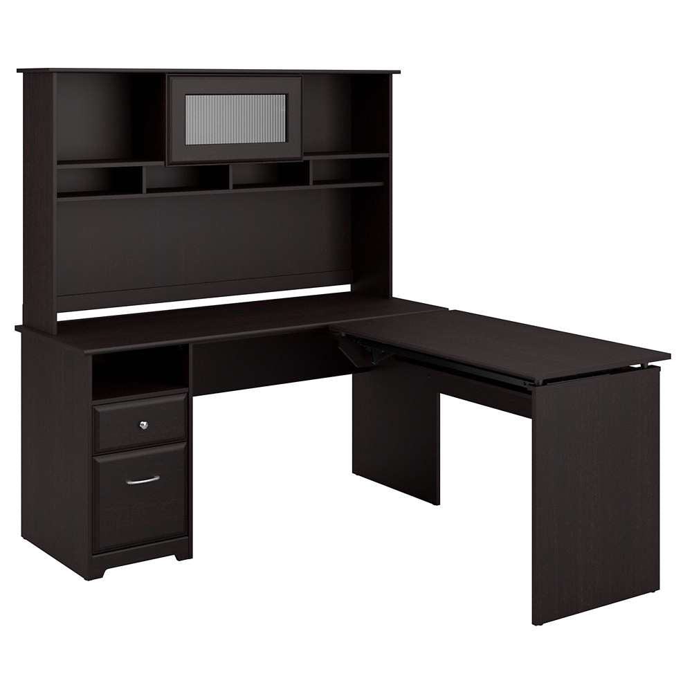 Bush Furniture - Cabot 60W 3 Position L Shaped Sit to Stand Desk with Hutch in Espresso Oak - CAB045EPO veiw 1