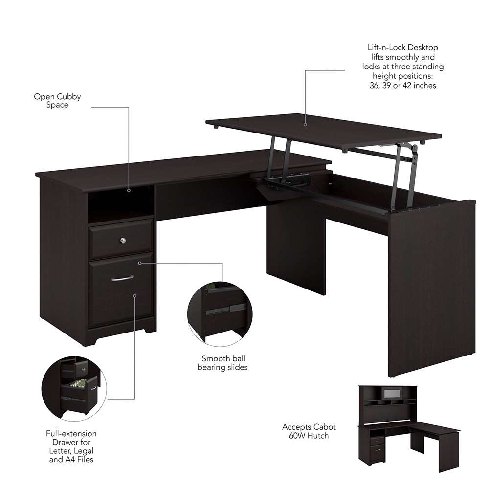 Bush Furniture - Cabot 60W 3 Position L Shaped Sit to Stand Desk with Hutch in Espresso Oak - CAB045EPO veiw 7