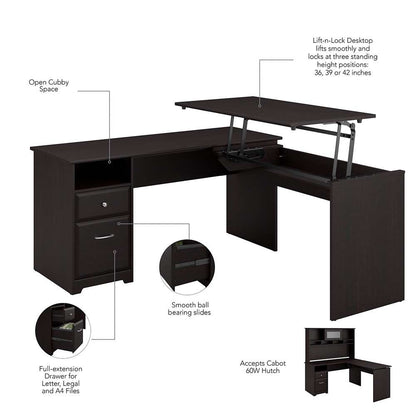 Bush Furniture - Cabot 60W 3 Position L Shaped Sit to Stand Desk with Hutch in Espresso Oak - CAB045EPO veiw 7