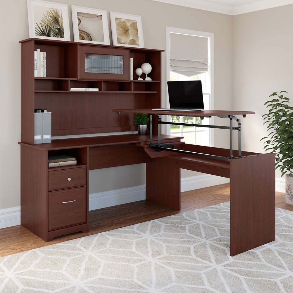 Bush Furniture - Cabot 60W 3 Position L Shaped Sit to Stand Desk with Hutch in Harvest Cherry - CAB045HVC veiw 2