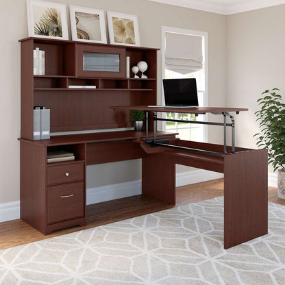 Bush Furniture - Cabot 60W 3 Position L Shaped Sit to Stand Desk with Hutch in Harvest Cherry - CAB045HVC veiw 2