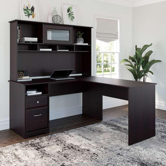 Bush Furniture - Cabot 60W L Shaped Computer Desk with Hutch and Drawers in Espresso Oak - CAB046EPO veiw 2