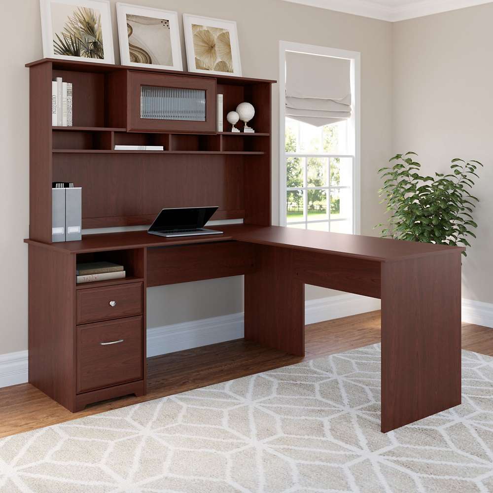 Bush Furniture - Cabot 60W L Shaped Computer Desk with Hutch and Drawers in Harvest Cherry - CAB046HVC veiw 2
