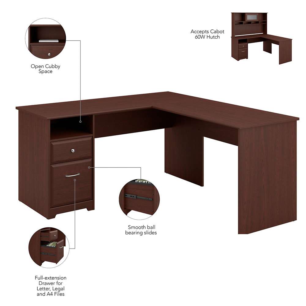 Bush Furniture - Cabot 60W L Shaped Computer Desk with Hutch and Drawers in Harvest Cherry - CAB046HVC veiw 7